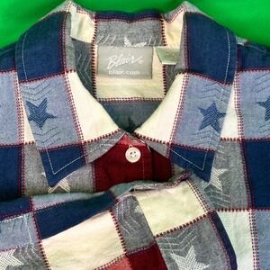 Blair Plaid Star Long Sleeve Button‎ Up Shirt Medium Red White Blue Americana